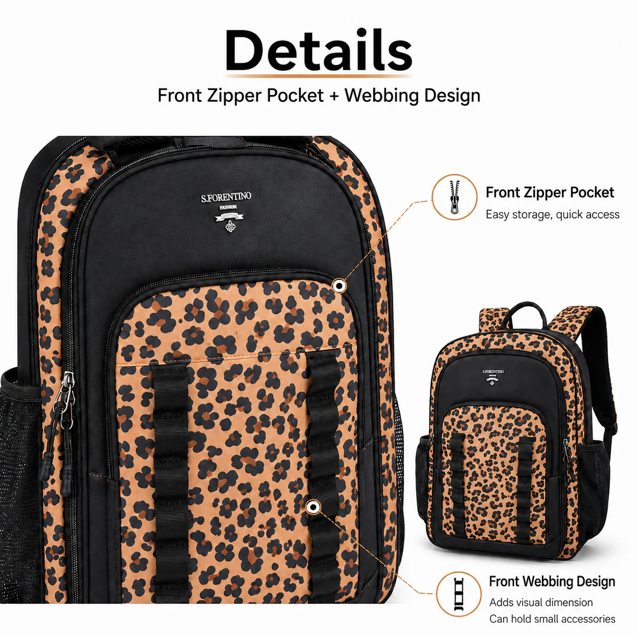Shulen Leopard Print Multi-Compartment Backpack — Statement Leopard Exterior