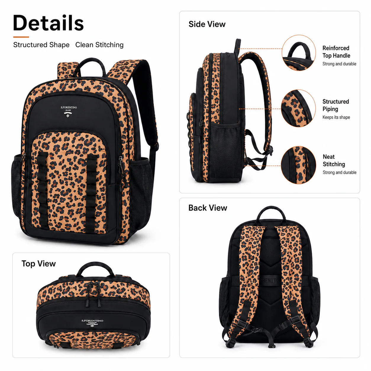 Shulen Leopard Print Multi-Compartment Backpack — Padded, Breathable Comfort