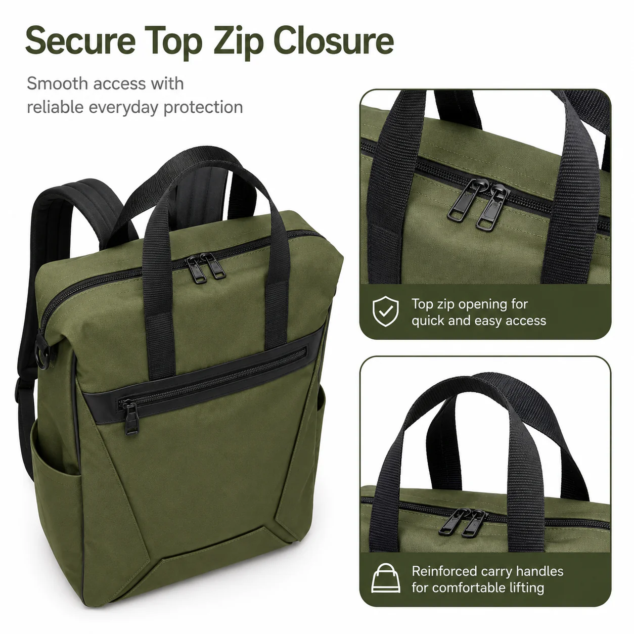 Shulen Olive Green Backpack Tote — Secure Top-Zip Opening
