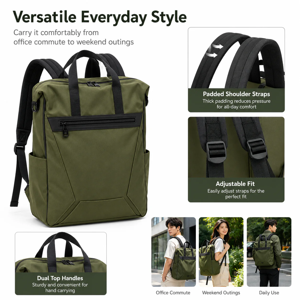 Shulen Olive Green Backpack Tote — Clean Olive-and-Black Urban Style