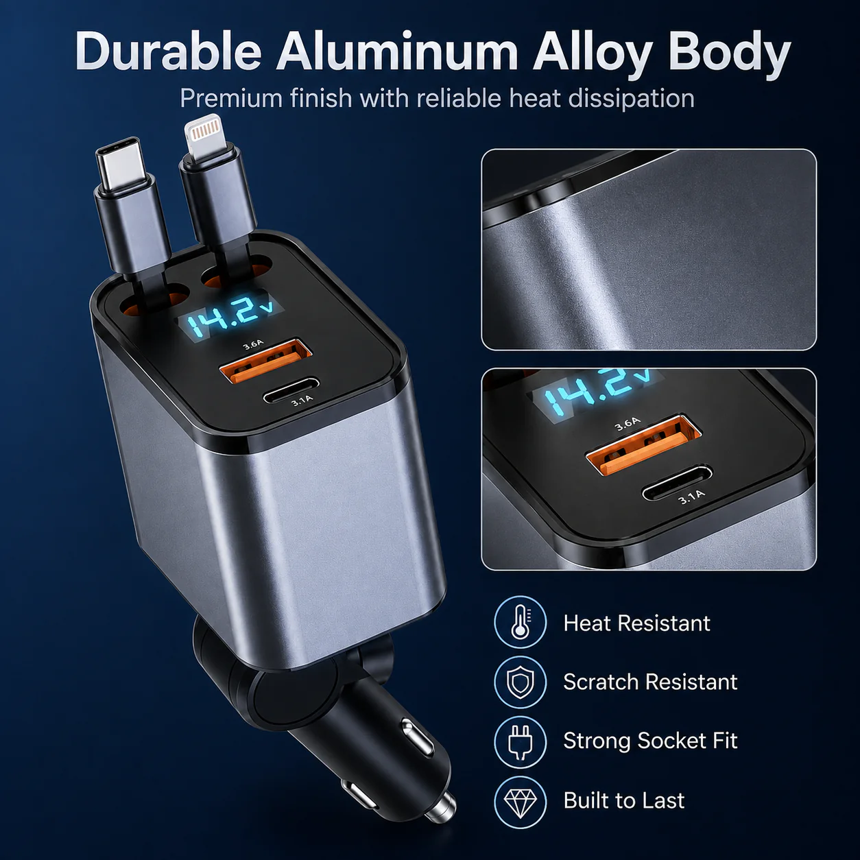 Shulen 4-in-1 Retractable Fast Car Charger — Pull Out, Charge and Retract