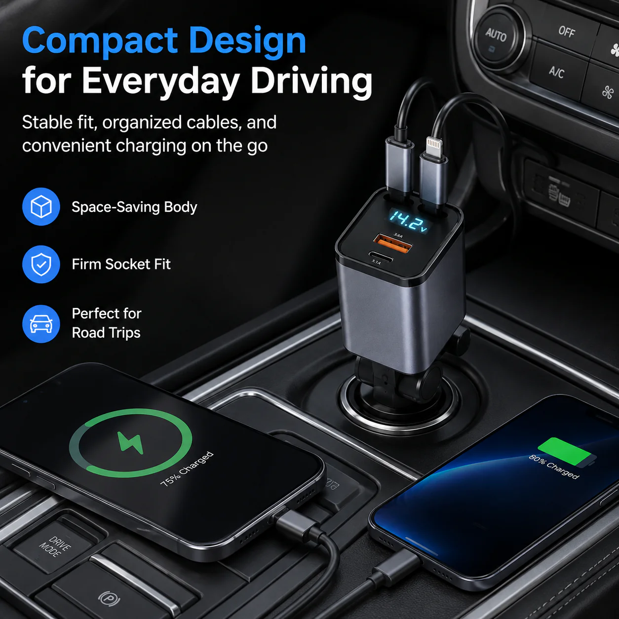 Shulen 4-in-1 Retractable Fast Car Charger — Two Variants for Different Setups