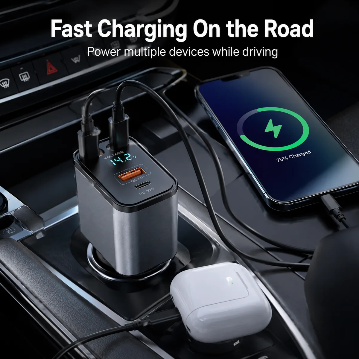 Business commuter checking voltage display while charging phone