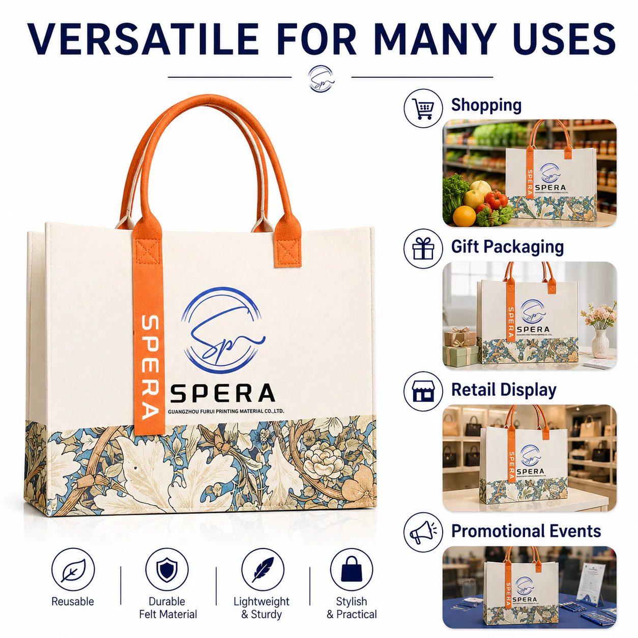 Shulen Reusable Felt Tote Bag — Three Coordinated Color Options