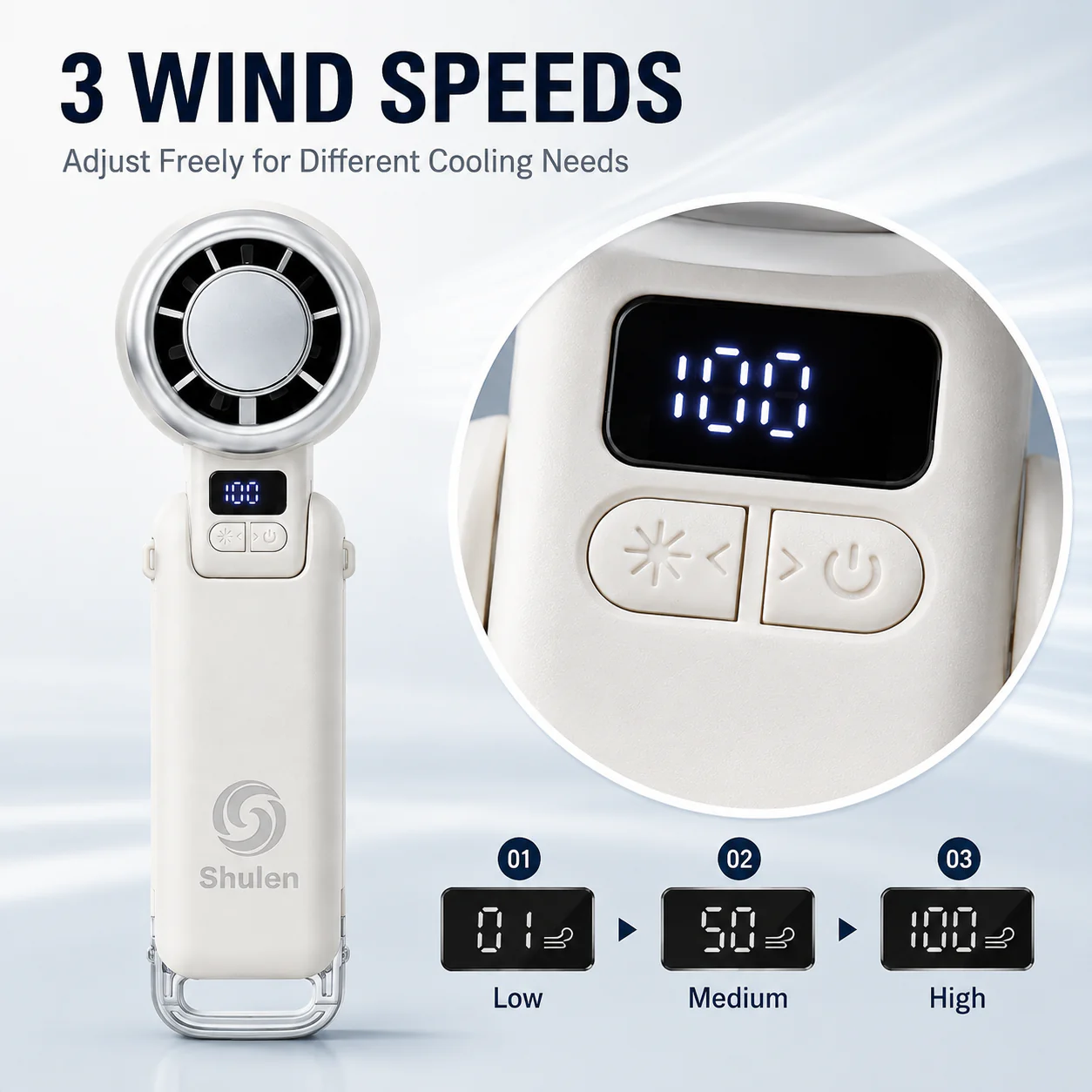 H21B High-Speed Turbine Handheld Fan — Three-Speed Control With Digital Feedback
